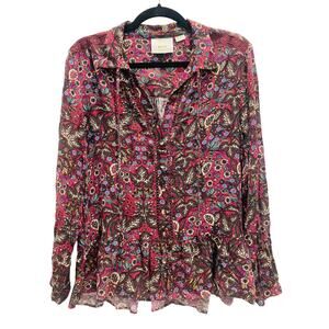 Anthropologie Maeve Janie Flounced Peasant Blouse Burgundy Floral Size 8 EUC